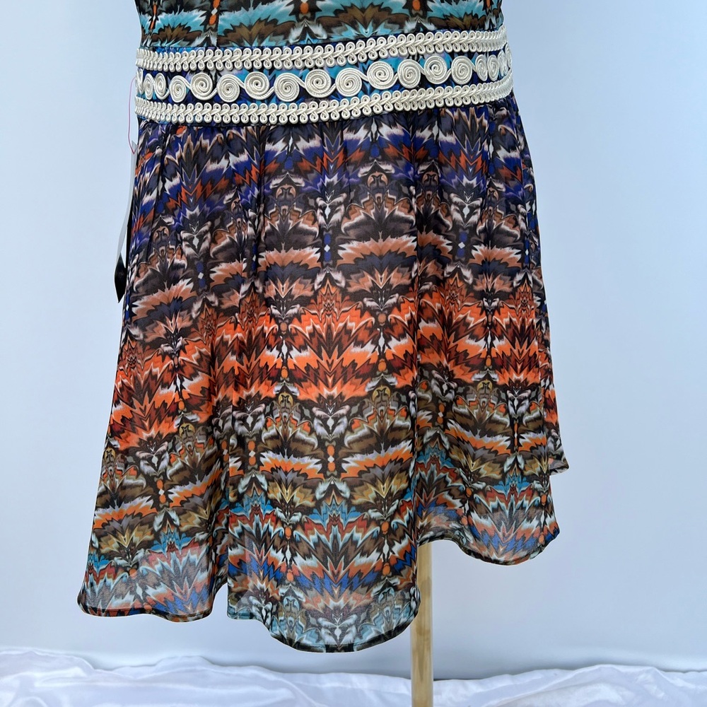 BEBE Embellished Boho Print Fit & Flare Mini Dress Short Sleeve Sz 6 NWT - Picture 13 of 16
